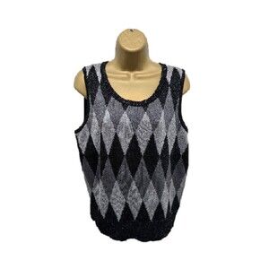 Dark Academia Metallic Classic Argyle Sleeveless Sweater Womens Large Black Gray